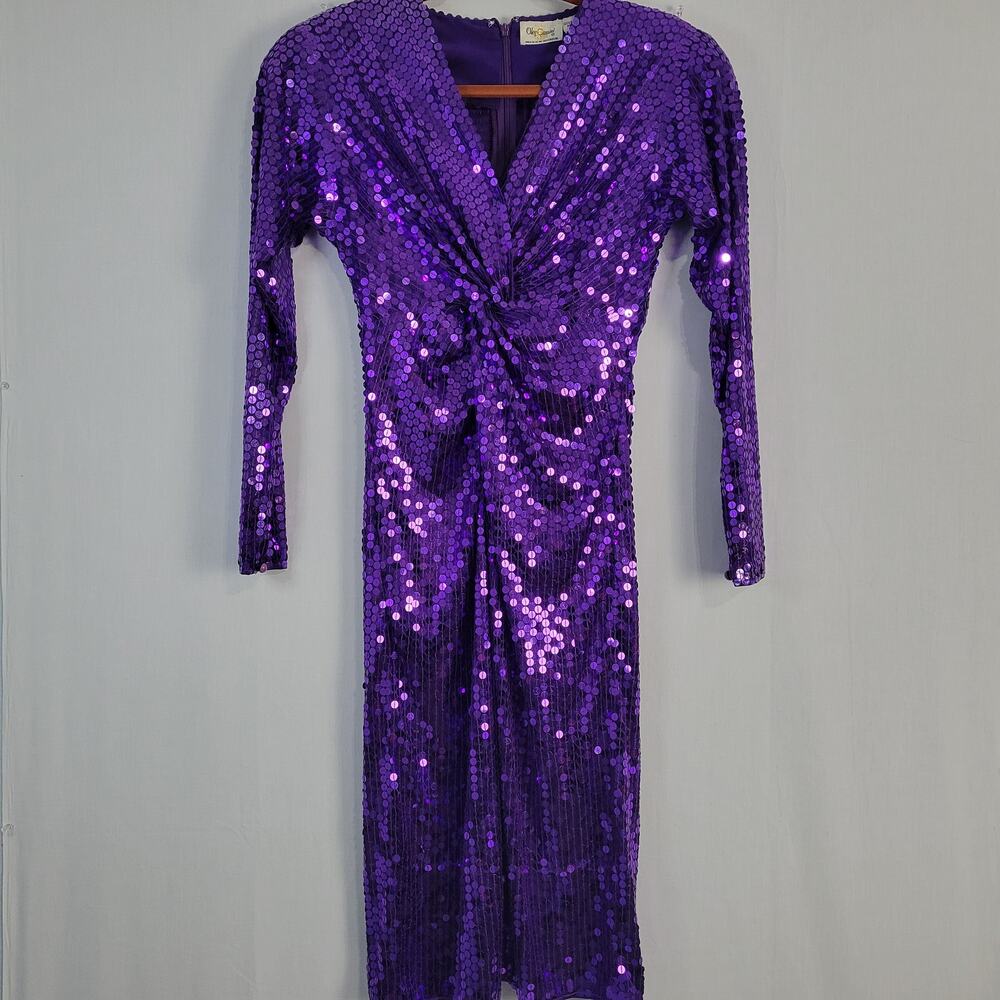 Vintage Oleg Cassini Sequin Knot Front Cocktail Dress sz 4 Purple Long Sleeve